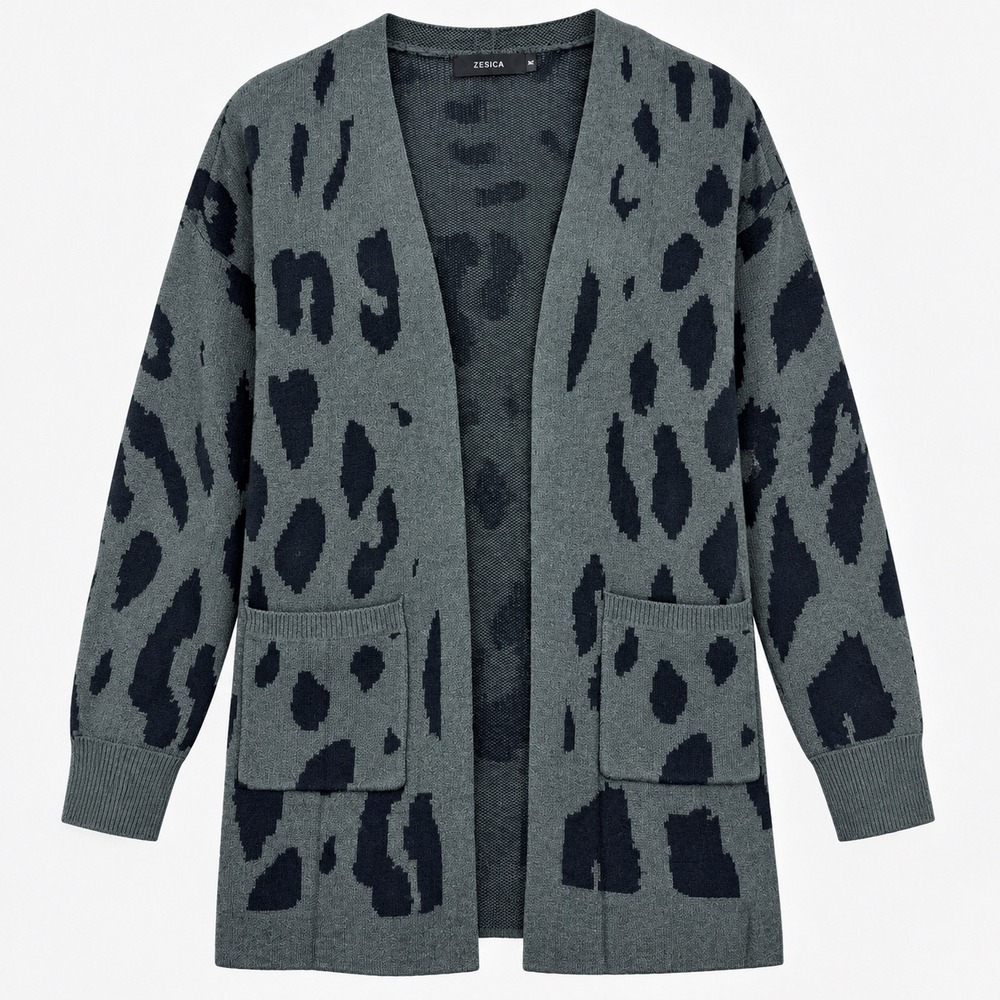ZESICA Cardigan Size M Gray Green Black Leopard Print Open Front Longline Pocket